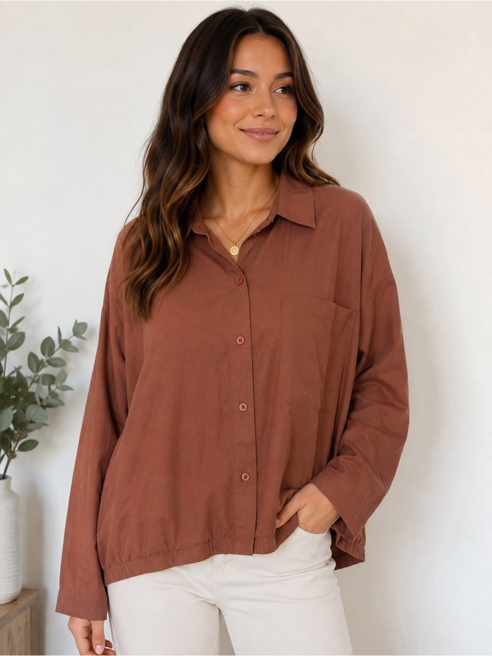 Jolie & Joy Classic Relaxed Button-Up Shirt in Rust Brown